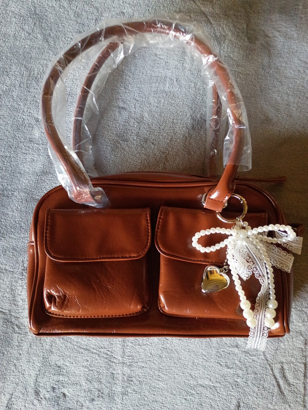 Brown Retro PU Leather Bow Pearl Shoulder Bag Purse NWT